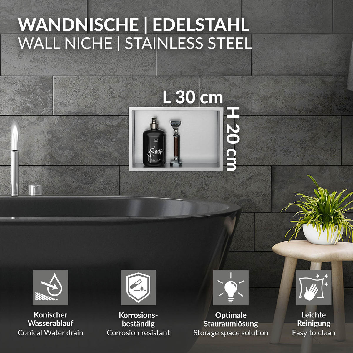 DUSCHNISCHE Silber 30/20 cm - Silberfarben, Metall (30/20/10cm) - LuxeBath