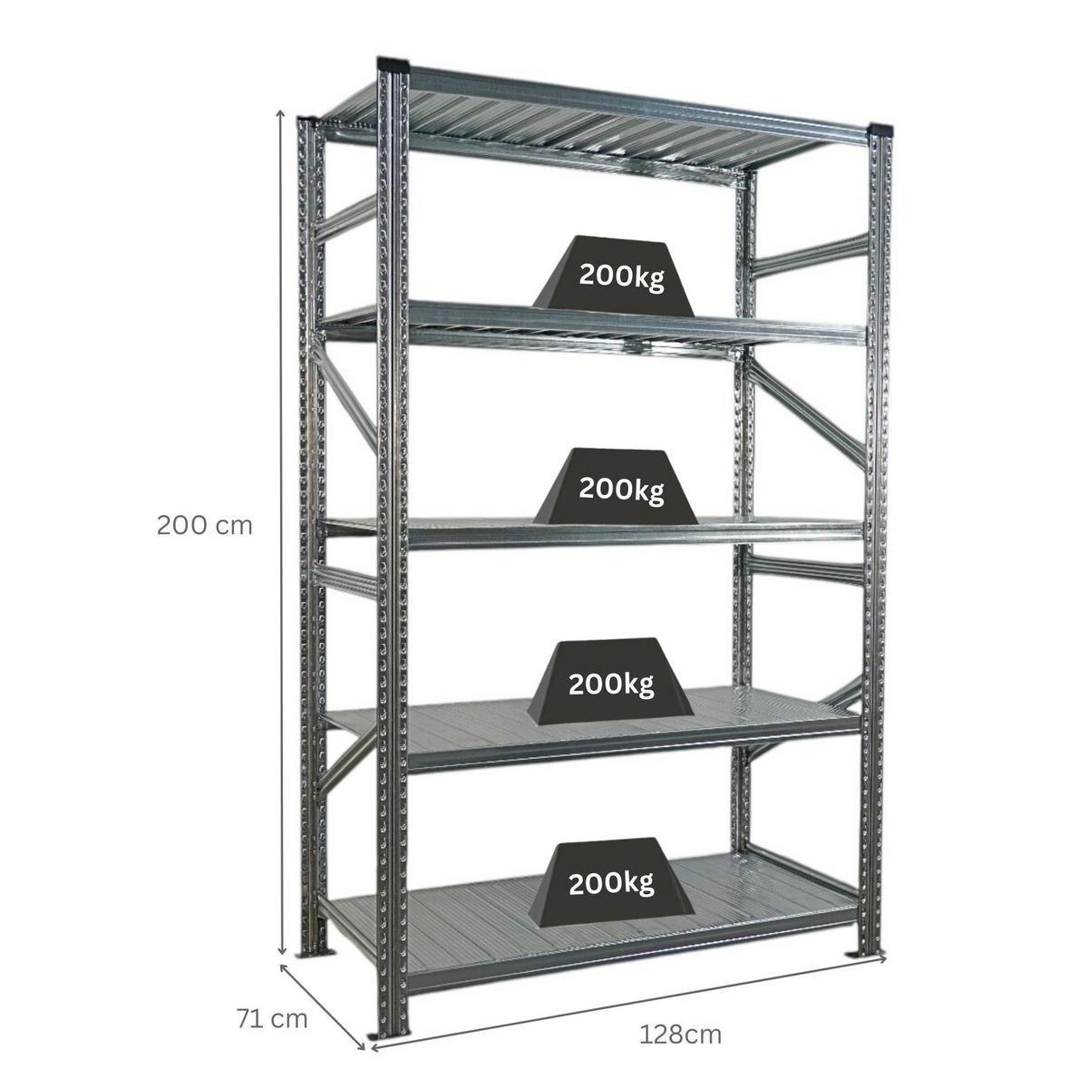 FACHBODENREGAL Proximo Stecksystem 200x120x70cm 5 Ebenen Fachlast 200 kg Beidseitig nutzbar Verzinkt - Silberfarben, Metall (120/200/70cm) - PROREGAL
