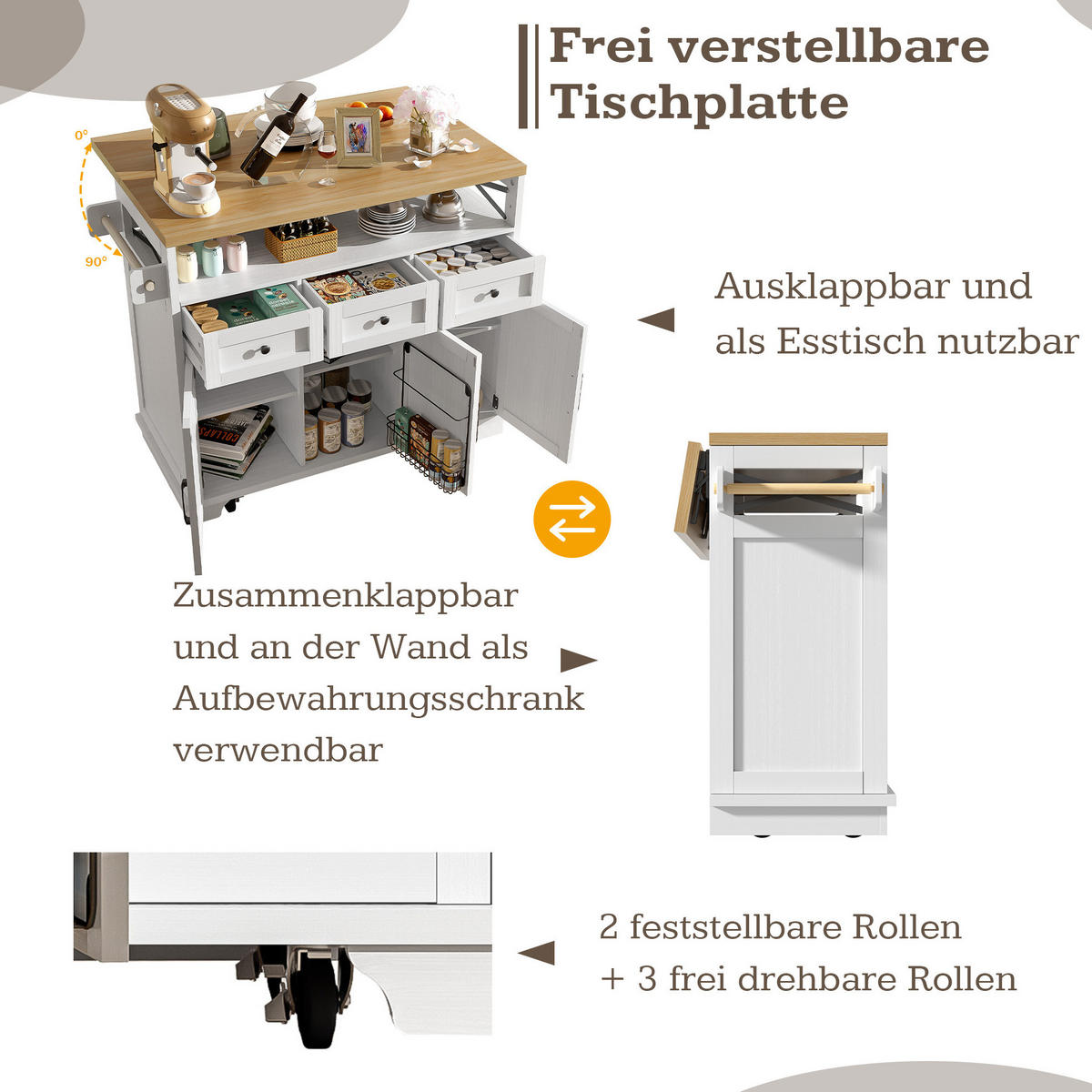 KUCHYNSKÝ ostrovček 118/43-70/98 cm s výklopnou doskou, kolieskami, úložným priestorom a MDF doskou, Biela - biela, kompozitné drevo (43/98/118cm) - Redom