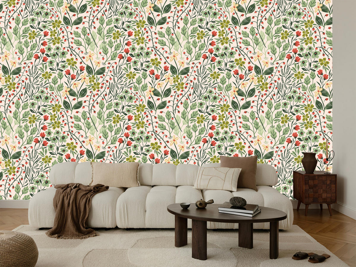 VLIESTAPETE Wildblumen, Blätter und Früchte – Grün, Rosa, Creme – 50x1000 cm - Creme/Rosa, Papier (50/1000cm) - Muralo