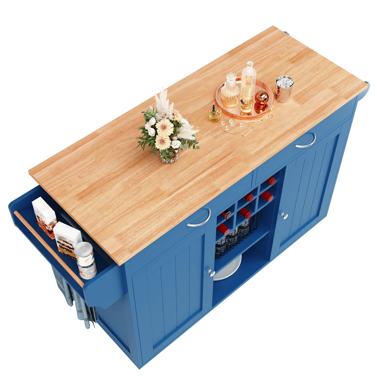 KÜCHENINSEL 102/45/92 cm Blau mit Weinregal, Seitenfach, verstellbaren Fächern und 360° Rollen - Blau, Holz/Holzwerkstoff (102/92/45cm) - Oxeza