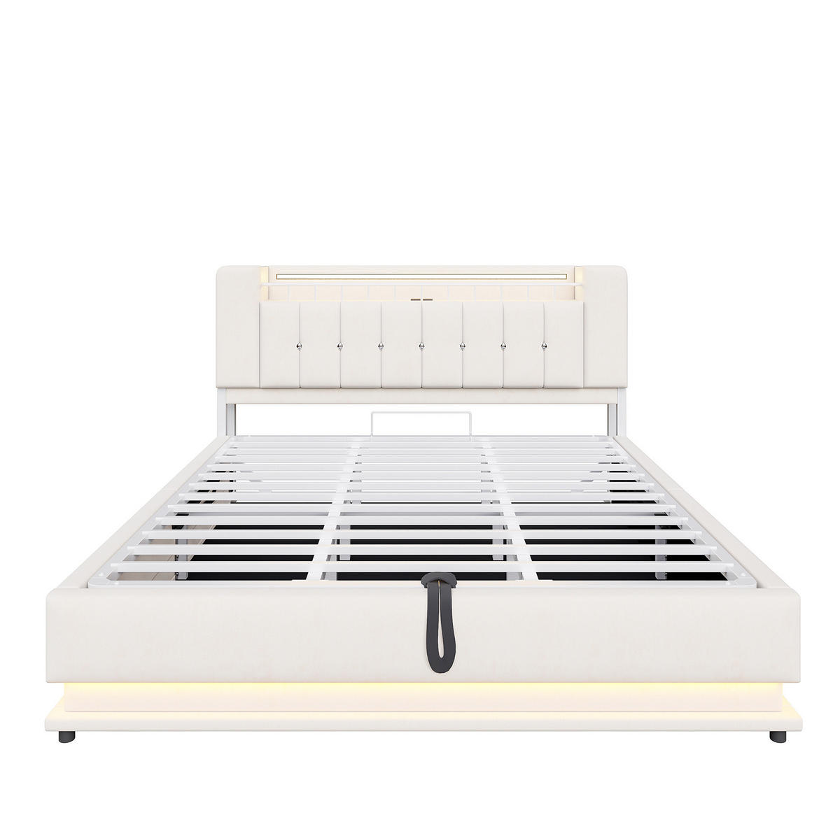 POLSTERBETT mit Samtbezug 180x200 cm Beige mit LED-Beleuchtung, USB-Anschlüssen und hydraulischem Stauraum - Beige, Textil (180/200cm) - IVMEU
