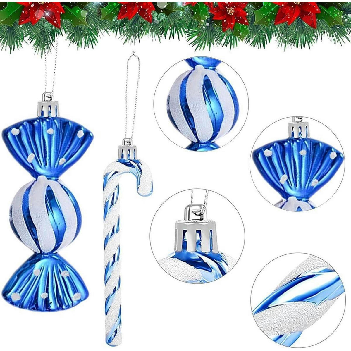 WEIHNACHTSBAUMSCHMUCK 18-teiliges Set Zuckerstangen & Kugeln Blau & Weiß - Blau, Kunststoff (5/1/14cm)