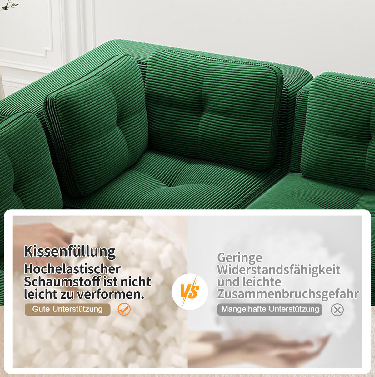 WOHNLANDSCHAFT 386/177/69 cm in Grün aus Cord mit rutschfestem Stand - Grün, Textil (177/69/386cm) - Flora Grace