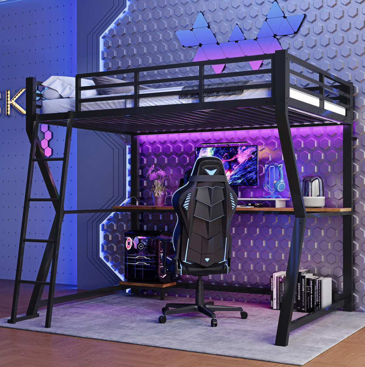 HOCHBETT 90/200 cm mit LED-Beleuchtung, Schreibtisch und USB-Anschluss - Schwarz, Metall (90/200cm) - Flora Grace