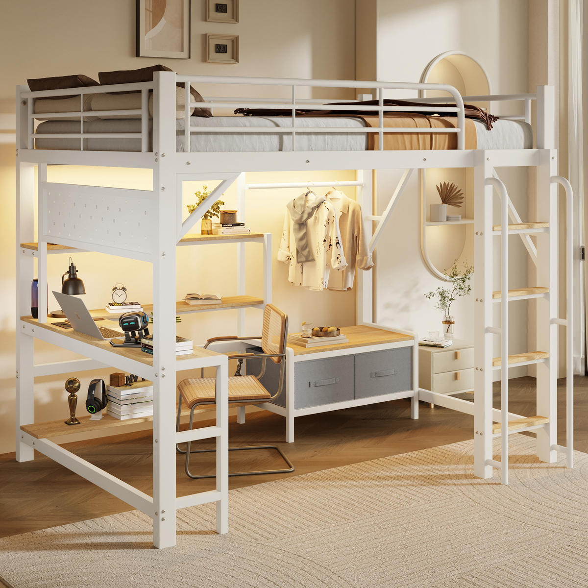 HOCHBETT 140/200 cm mit Schreibtisch und LED, DE-42034, in Weiß - Weiß, Metall (140/200cm) - ComfortXL