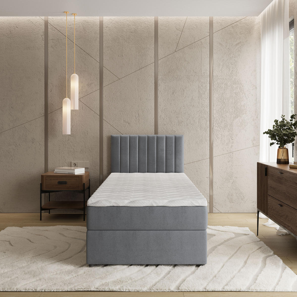 BOXBETT BRESEL 100 100x200 cm mit Matratze und Topper, H2+H3 - Grau - Grau, Holz (100/200cm) - MASSENO