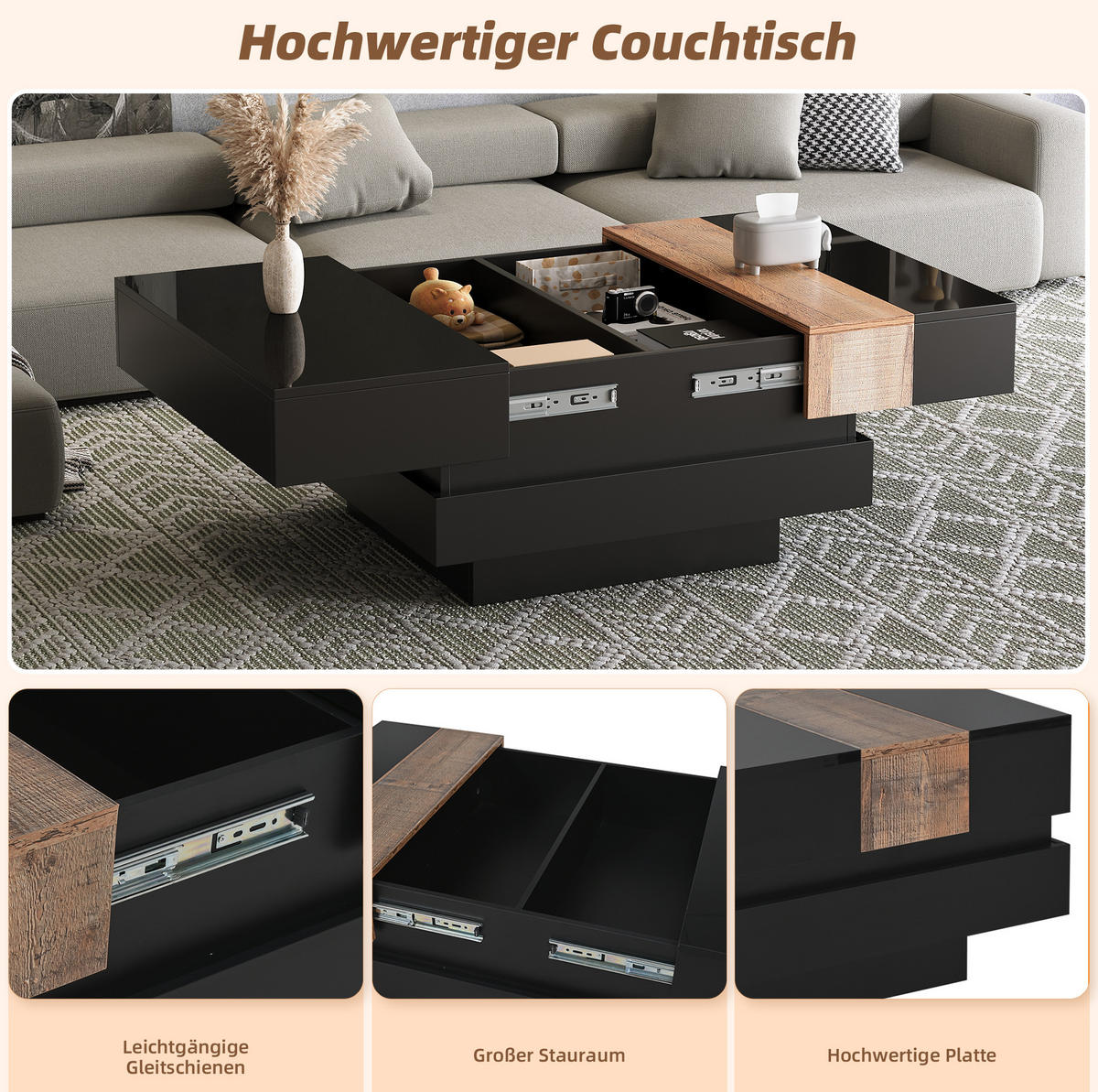COUCHTISCH 70/70/39 cm mit Stauraum und ausziehbarer Tischplatte - Schwarz, Holzwerkstoff (70/70/39cm) - Flora Grace