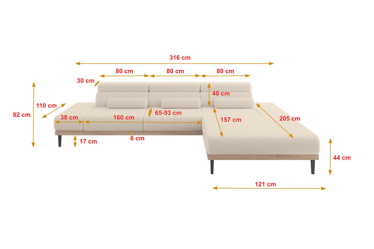 ELEKTRISCHES ECKSOFA Rechts MONA 316x205x85 Dunkelbeige Bouclé - Cappuccino, Holzwerkstoff/Textil (316/205cm) - ALTDECOR