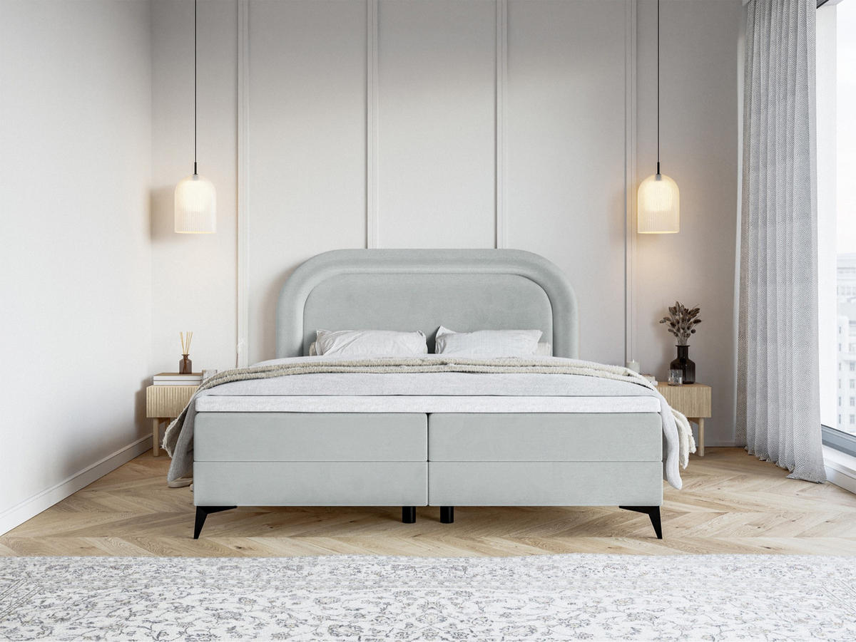 BOXBETT Loreo Hellgrau Samt wasserfest 160x200 cm - Hellgrau/Schwarz, Holz/Textil (160/200cm) - Selsey