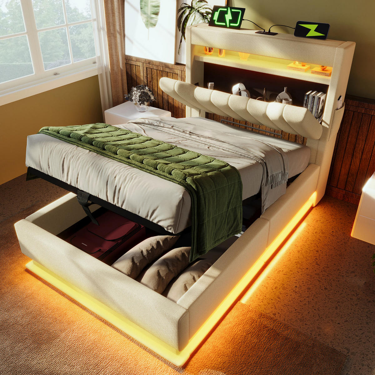 POLSTER EINZELBETT 90x200cm mit USB-C LED Beleuchtung & Hydraulik Beige - Beige, Holz (90/200cm) - FLIEKS