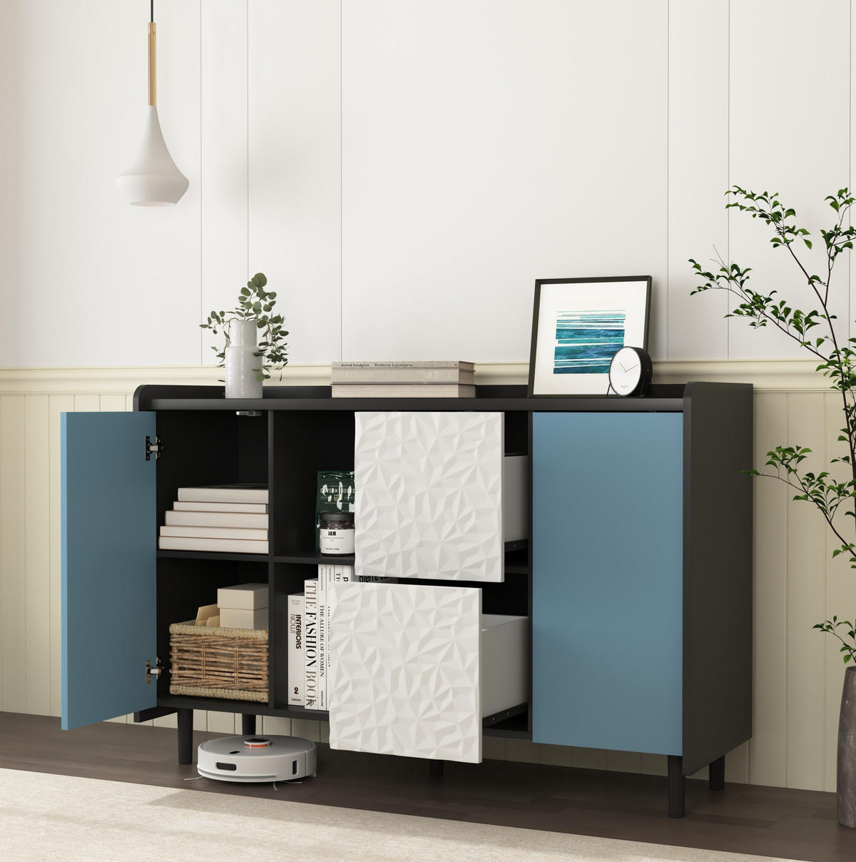 SIDEBOARD 120/40/80 cm mit 2 Schubladen & 2 offenen Fächern in Schwarz/Blau - Schwarz, Holzwerkstoff (120/80/40cm) - BEAOK