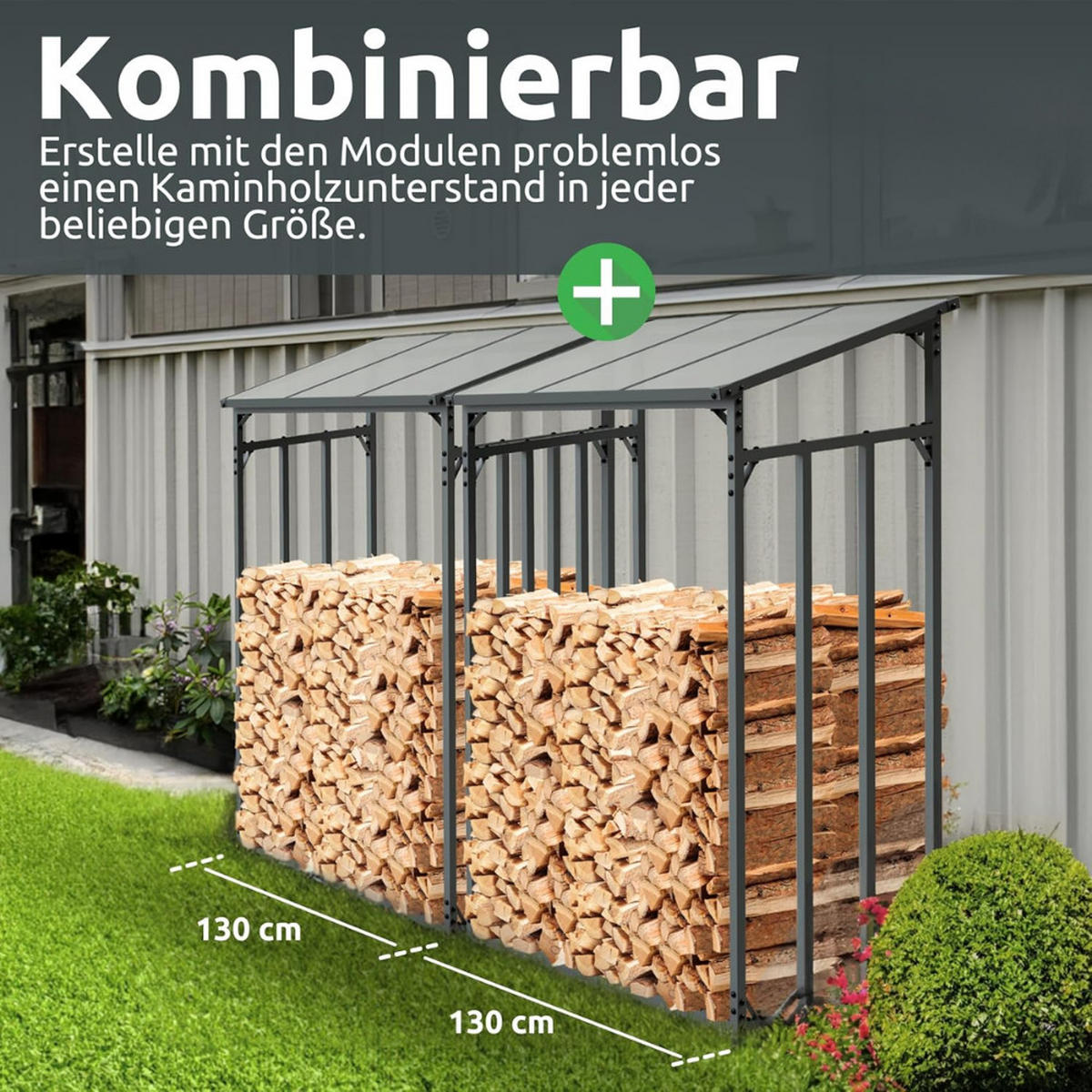 KAMINHOLZREGAL Außen mit Dach ELOS 130x70x185 cminkl. Ofenhandschuh - Anthrazit, Metall (130/185/70cm) - DELUKE