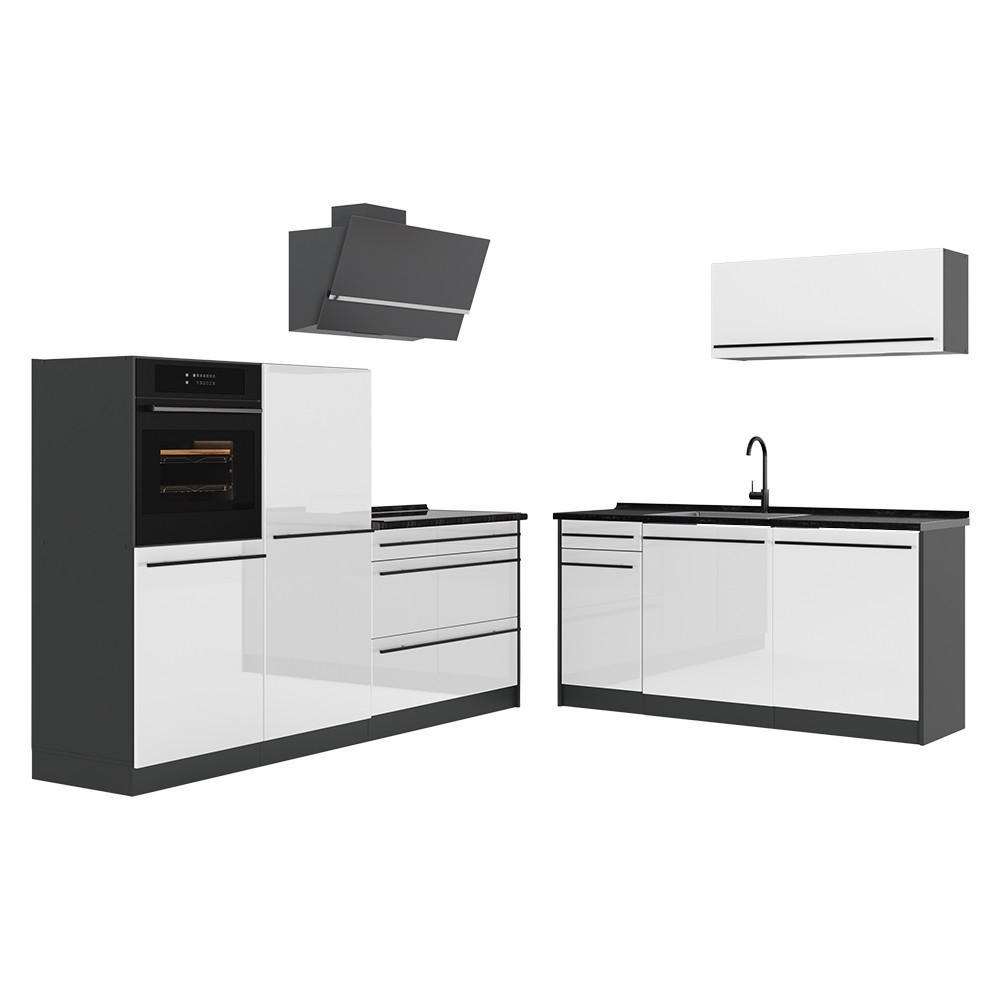 KÜCHENZEILE R-Line, Weiß Hochglanz/Anthrazit, 220 cm Arbeitsplatte Anthrazit - Weiß Hochglanz/Anthrazit, Holzwerkstoff (220/143/60cm) - Vicco