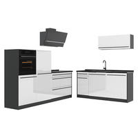 KÜCHENZEILE R-Line, Weiß Hochglanz/Anthrazit, 220 cm Arbeitsplatte Anthrazit - Weiß Hochglanz/Anthrazit, Holzwerkstoff (220/143/60cm) - Vicco