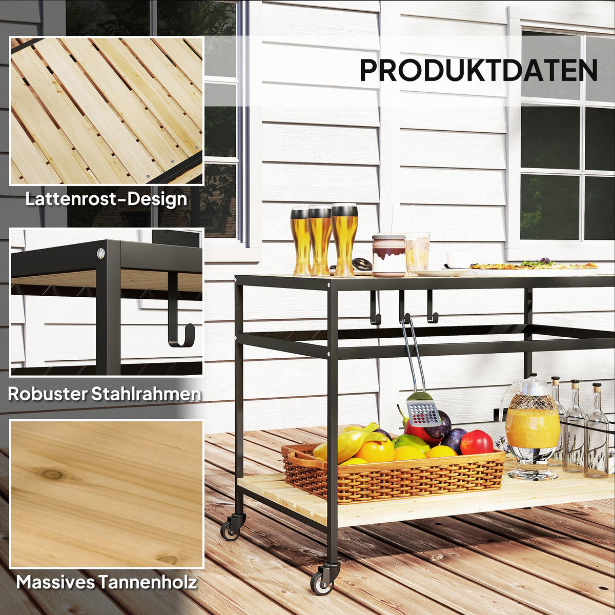 SERVIERWAGEN, Gartenrollwagen mit 2 Regalen, Haken, Rollen, Stahl, Tannenholz, Natur - Fichtefarben, Holz/Metall (65/80/107cm) - Outsunny