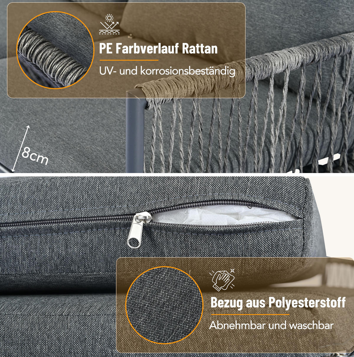 LOUNGE-SET 173/54/77 cm grau aus PE-Rattan mit Tisch und waschbaren Kissen - Grau, Metall - OKWISH