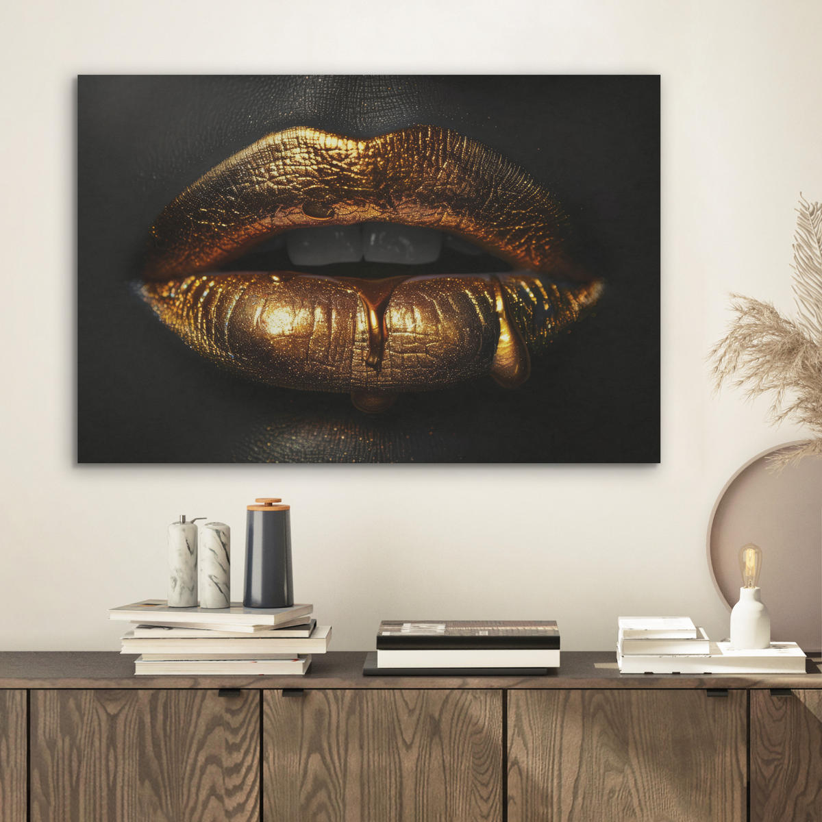 AKUSTIKBILD Frau - Porträt - Lippen - Gold - Schwarz Wanddeko 70x50 cm - Schwarz, Kunststoff (70/50/0.9cm) - MuchoWow