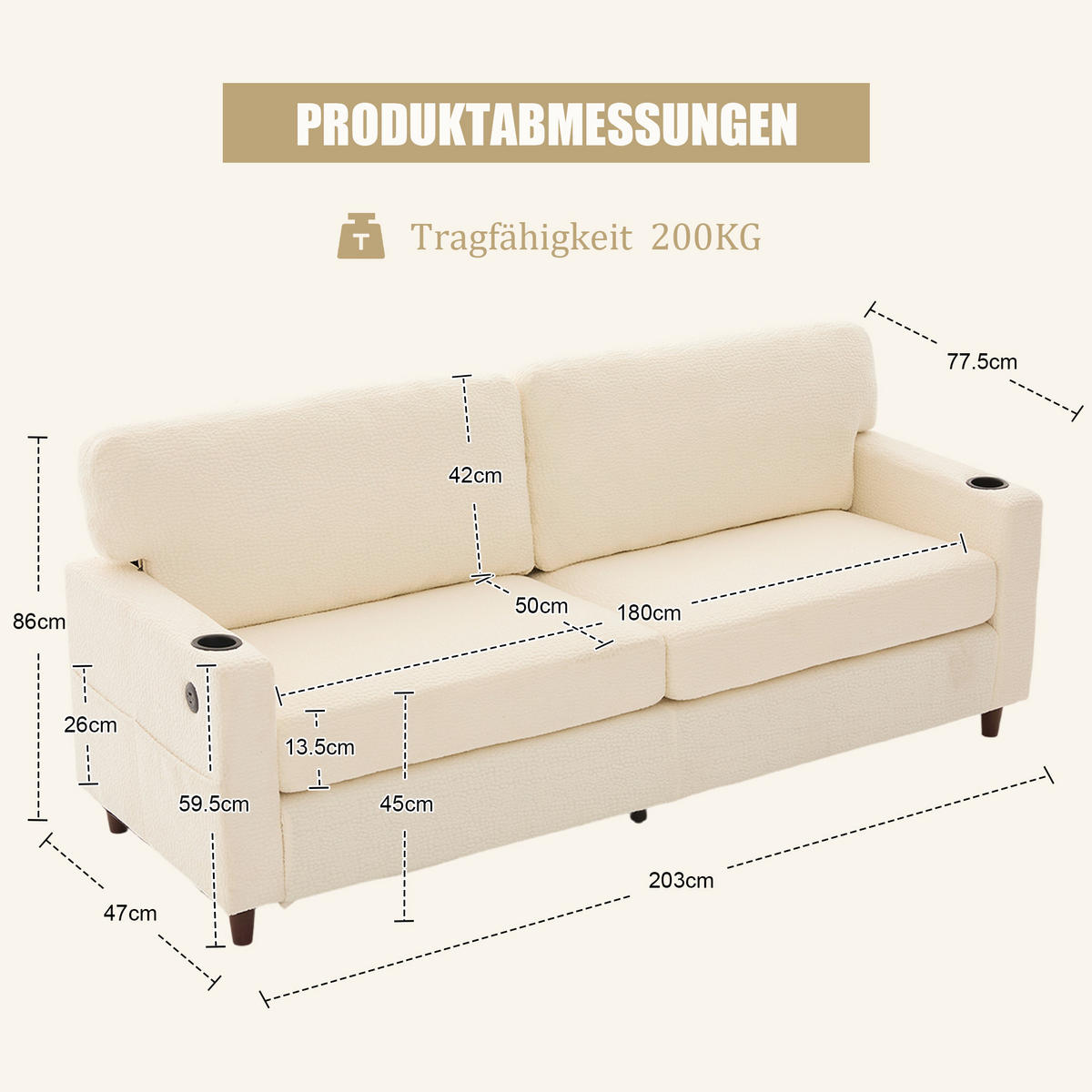 ZWEISITZER Sofa Chenille mit USB-Anschluss und LED-Licht 203/77,5/86 cm Beige - Beige, Textil (77.5/86/203cm) - Redom