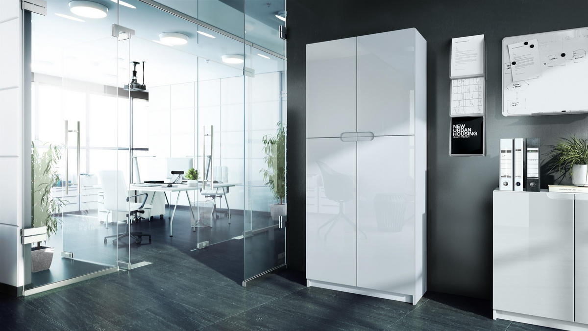 BÜROSCHRANK Logan Fronten in Weiß Hochglanz - Weiß Hochglanz, Holzwerkstoff (82/185/37cm) - Vladon