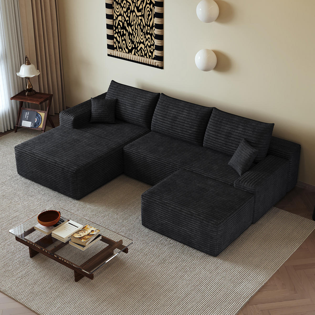 WOHNLANDSCHAFT DE-34857 U-Form 2-Sitzer Chaiselongue links Schwarz - Schwarz, Textil (175/83/270cm) - ComfortXL