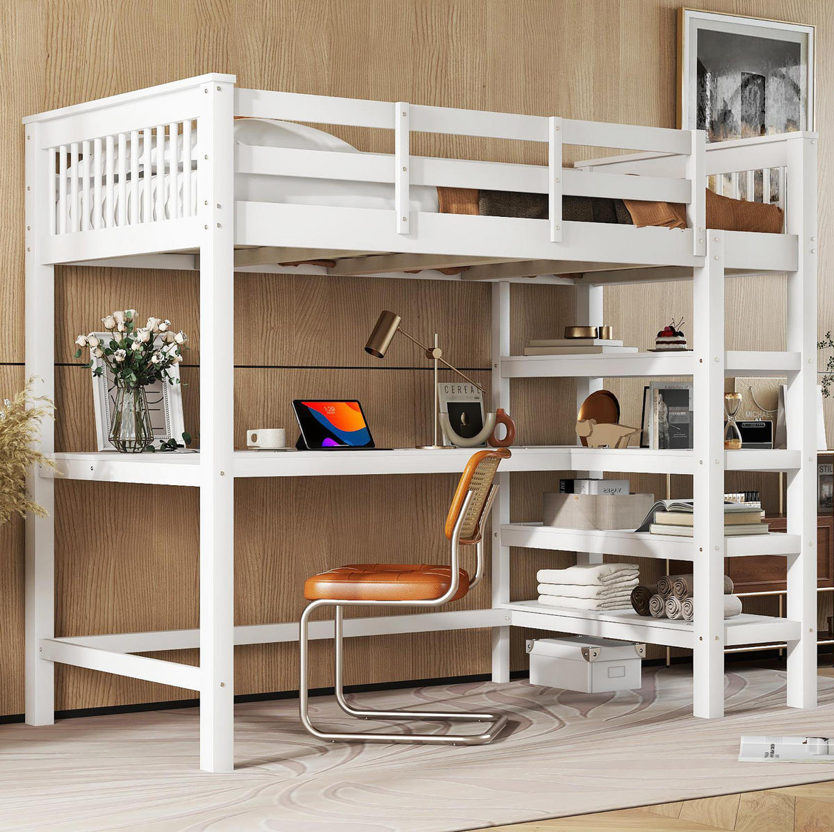 HOCHBETT 90/200 cm Weiß mit Schreibtisch und Ablagefächern - Weiß, Holzwerkstoff (90/200cm) - Flora Grace