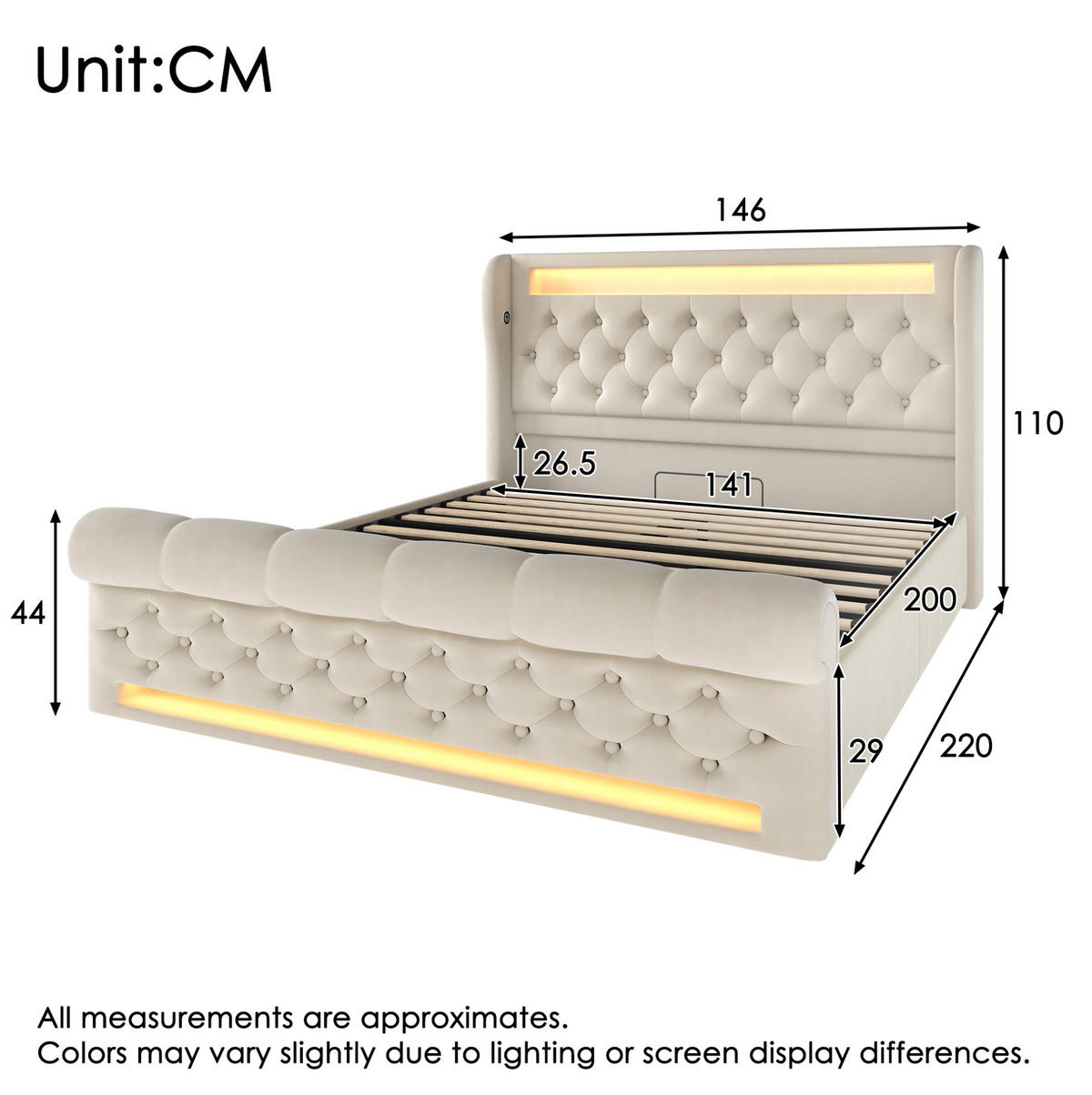 POLSTERBETT 140/200 cm Beige mit LED-Beleuchtung, Stauraum und USB- und Type-C-Anschlüssen - Beige, Textil (140/200cm) - Flora Grace