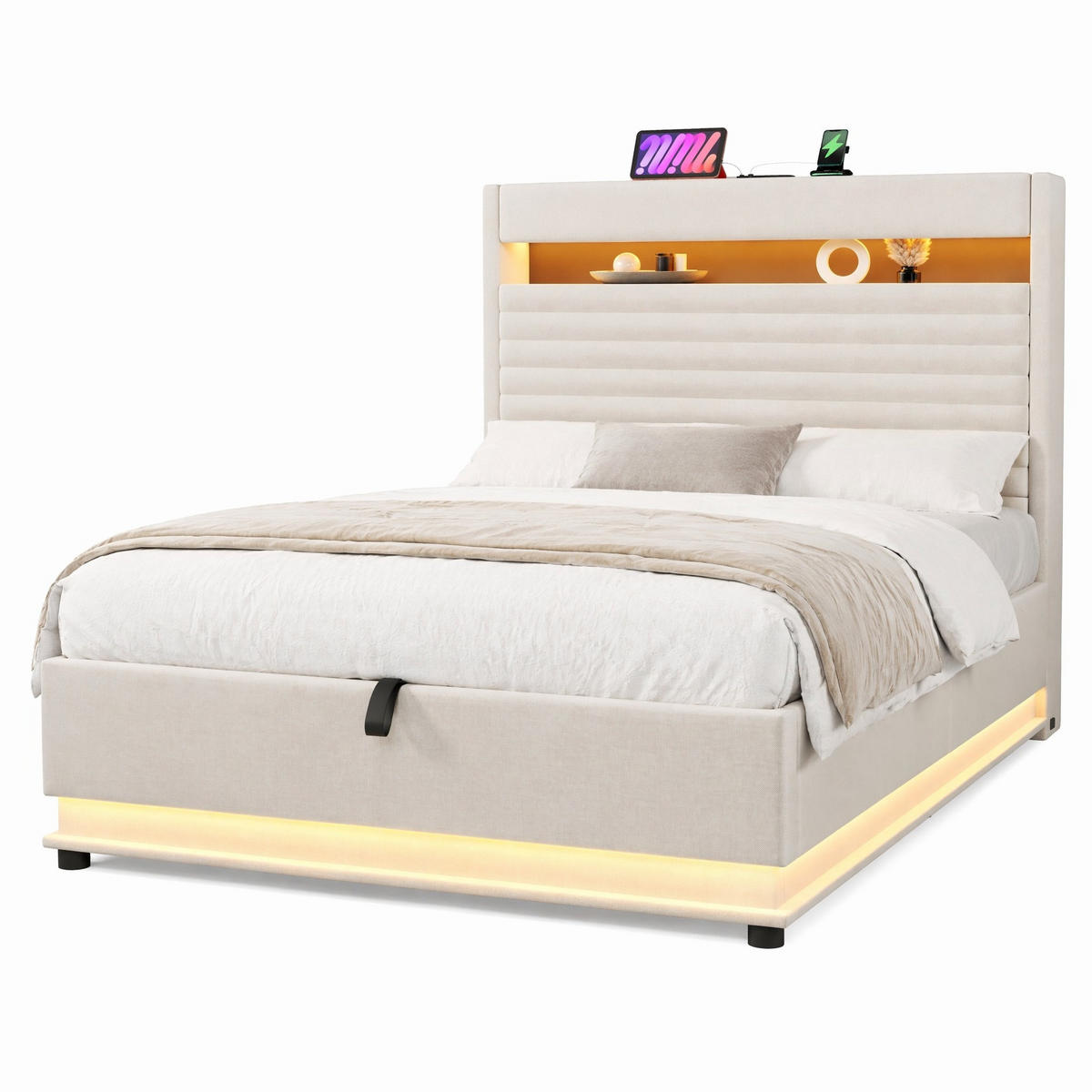 POLSTERBETT 90/200 cm in Beige mit Bettkasten, LED und USB-C - Beige, Holzwerkstoff/Textil (90/200cm) - CHICFURN