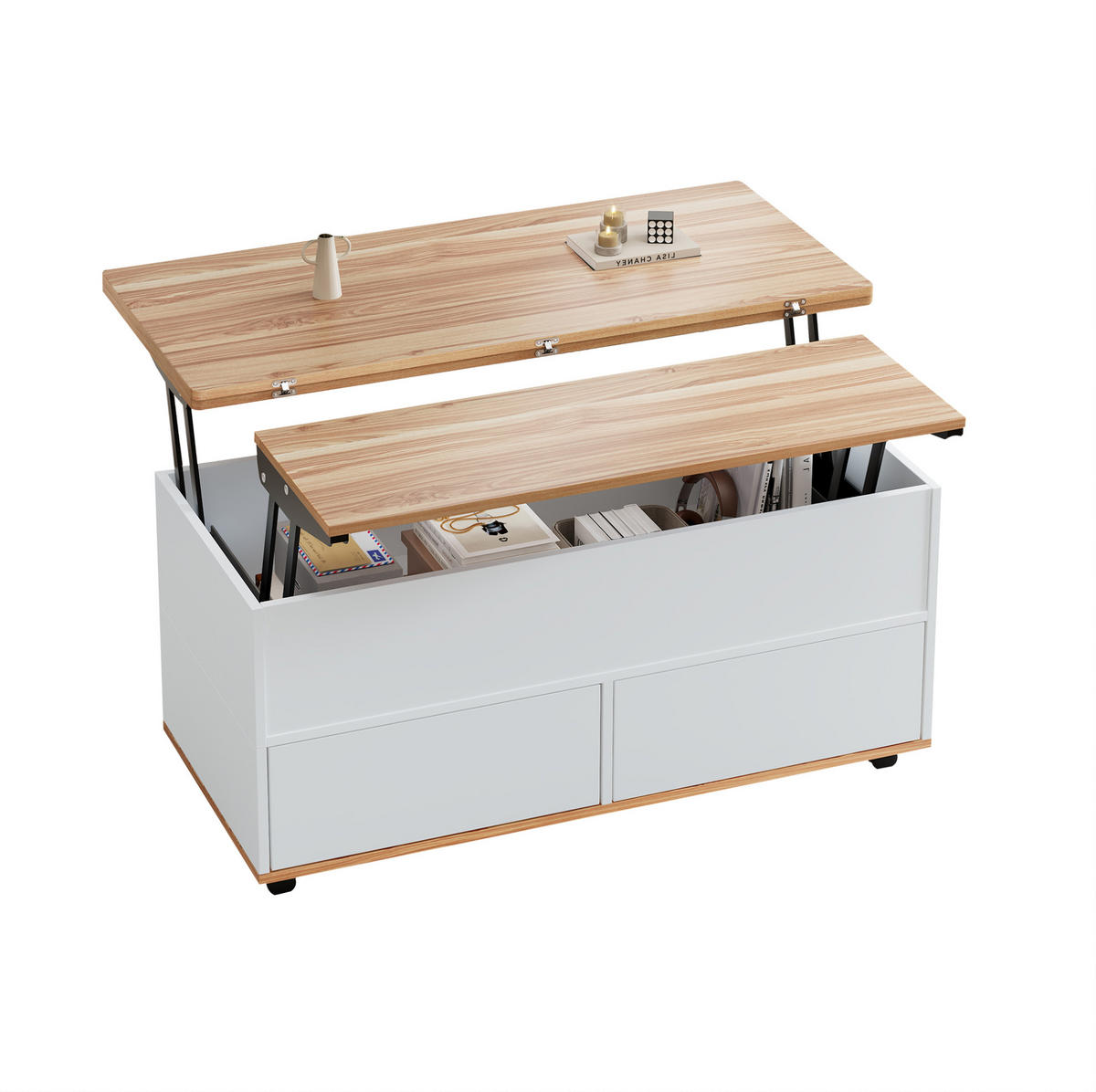 COUCHTISCH 100/98/65 cm weiß aus Spanplatte höhenverstellbar mit Stauraum und Rollen - Weiß, Holzwerkstoff (100/98/65cm) - OKWISH