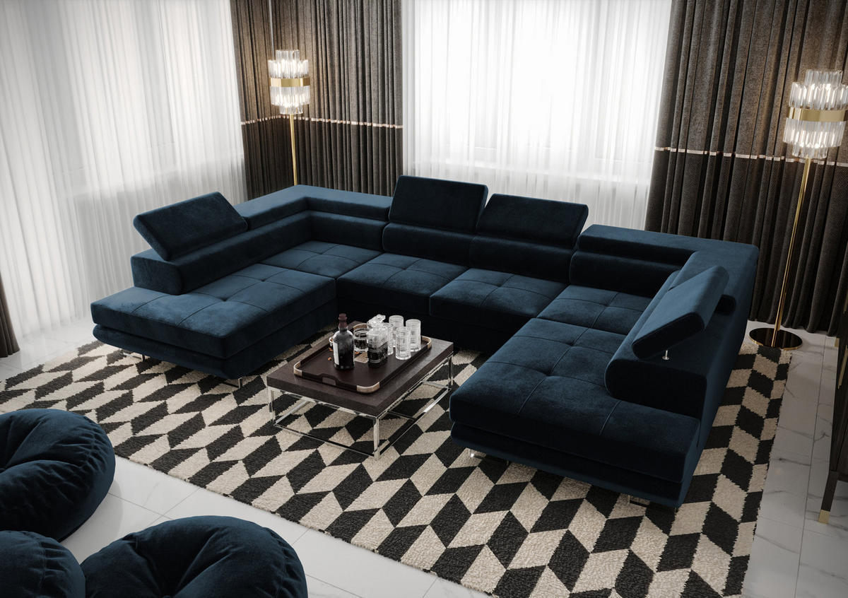 WOHNLANDSCHAFT PRAGA DESIGN U, Eckcouch in U-Form mit Schlaffunktion, Farbe: Blau, Velourstoff, Ottomane Universal - Blau, Textil (342/89/202cm) - O-Sofa