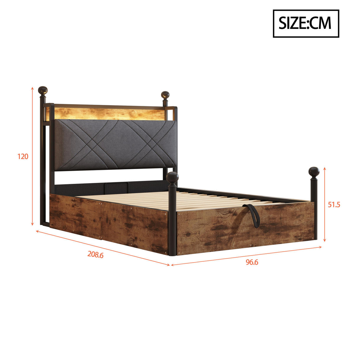 METALLBETT 90/190 cm in Schwarz Himmelbett mit Bettkasten, LED, USB und Type-C - Schwarz, Holzwerkstoff/Metall (90/190cm) - STILVORA