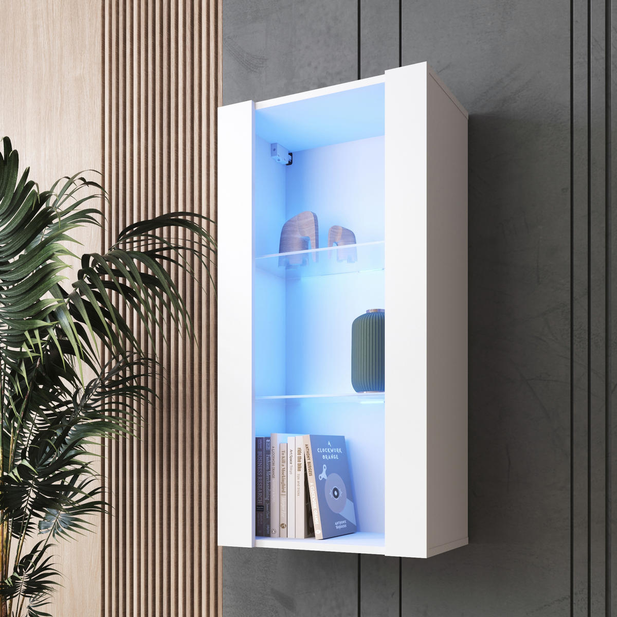 HÄNGEVITRINE TIVOLI Vertical 100, Weiss, LED Blau - Weiß, Glas/Holzwerkstoff (50/100/29.5cm) - Komodee