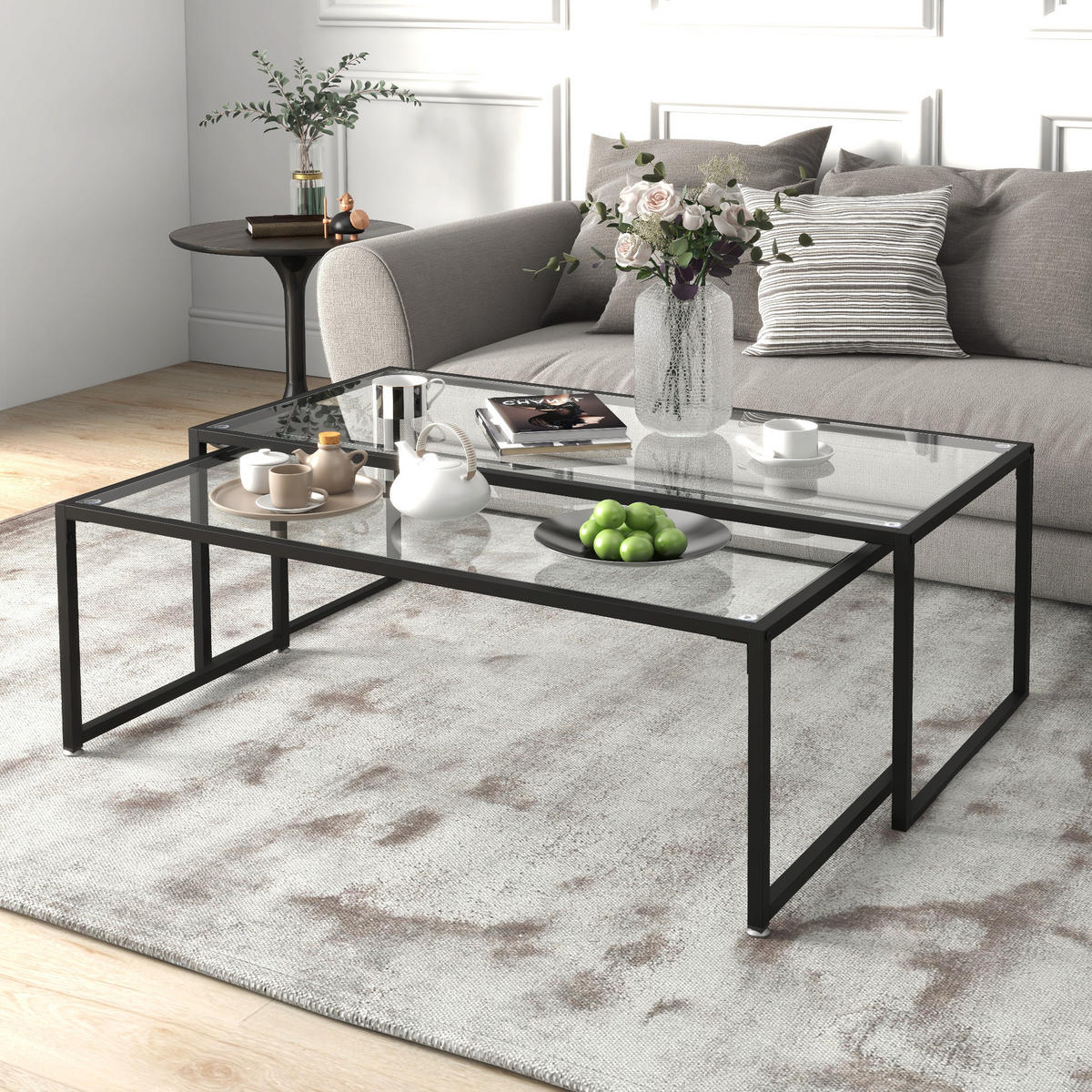 COUCHTISCH-SET, Glas, Stahl, Transparent - Transparent, Glas/Metall (119/56/44.5cm) - HOMCOM