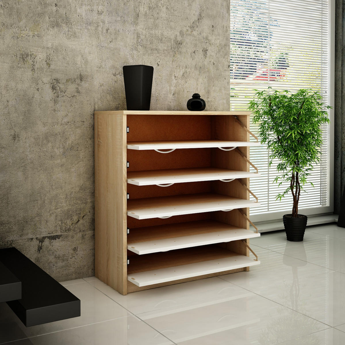SCHUHSCHRANK mit 5 Fächern - Eichefarben/Weiß, Holzwerkstoff (74/85/35cm) - Home Collective