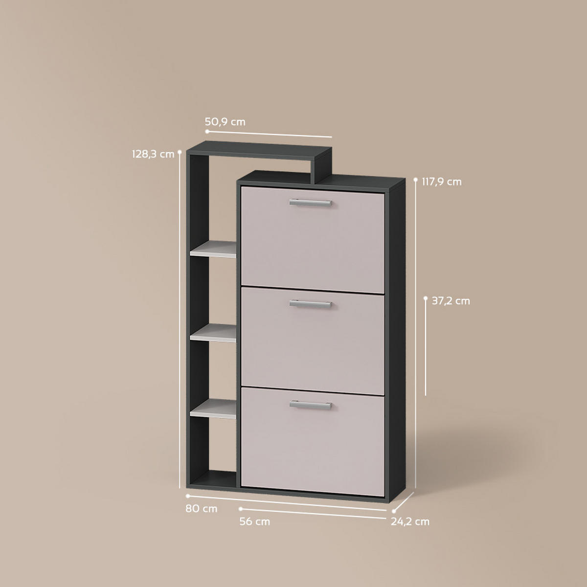 SCHUHKIPPER Ortello Anthrazit/Greige 80 x 128.3 cm mit 3 Fächern - Greige/Anthrazit, Holzwerkstoff (80/128.3/24.2cm) - Livinity®