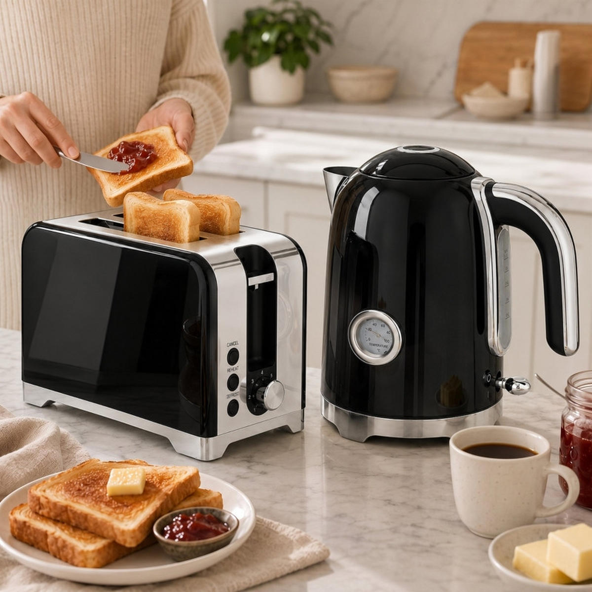 WASSERKOCHER‑SET mit Toaster, 1,7 L elektrischer Wasserkocher & 2‑Scheiben‑Toaster, Retro‑Frühstücksset in Schwarz‑Edelstahl für die Küche - Schwarz, Metall (23.5/24.4/16cm) - Joyfair