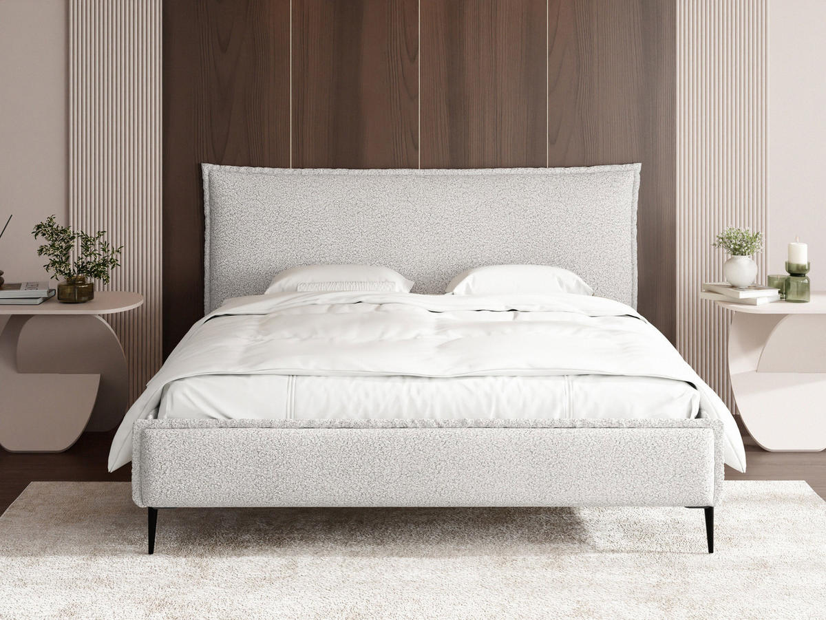 POLSTERBETT Pillow Rise mit Bettkasten, Lattenrost & hohen Metallfüßen in Weiß Bouclé 200x200 cm - Birkefarben/Schwarz, Holz/Textil (200/200cm) - WFL GROUP