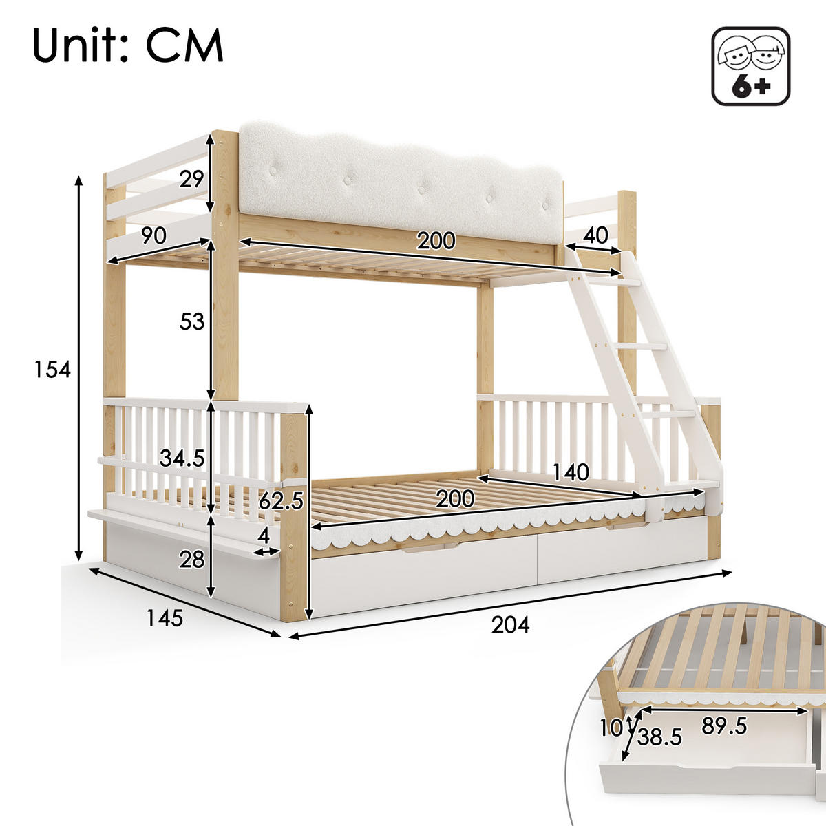 ETAGENBETT 90/200 cm & 140/200 cm in Weiß & Eiche mit Schubladen und Zeitschriftenständer - Eichefarben/Weiß, Holz/Holzwerkstoff (140/200cm) - CHICFURN