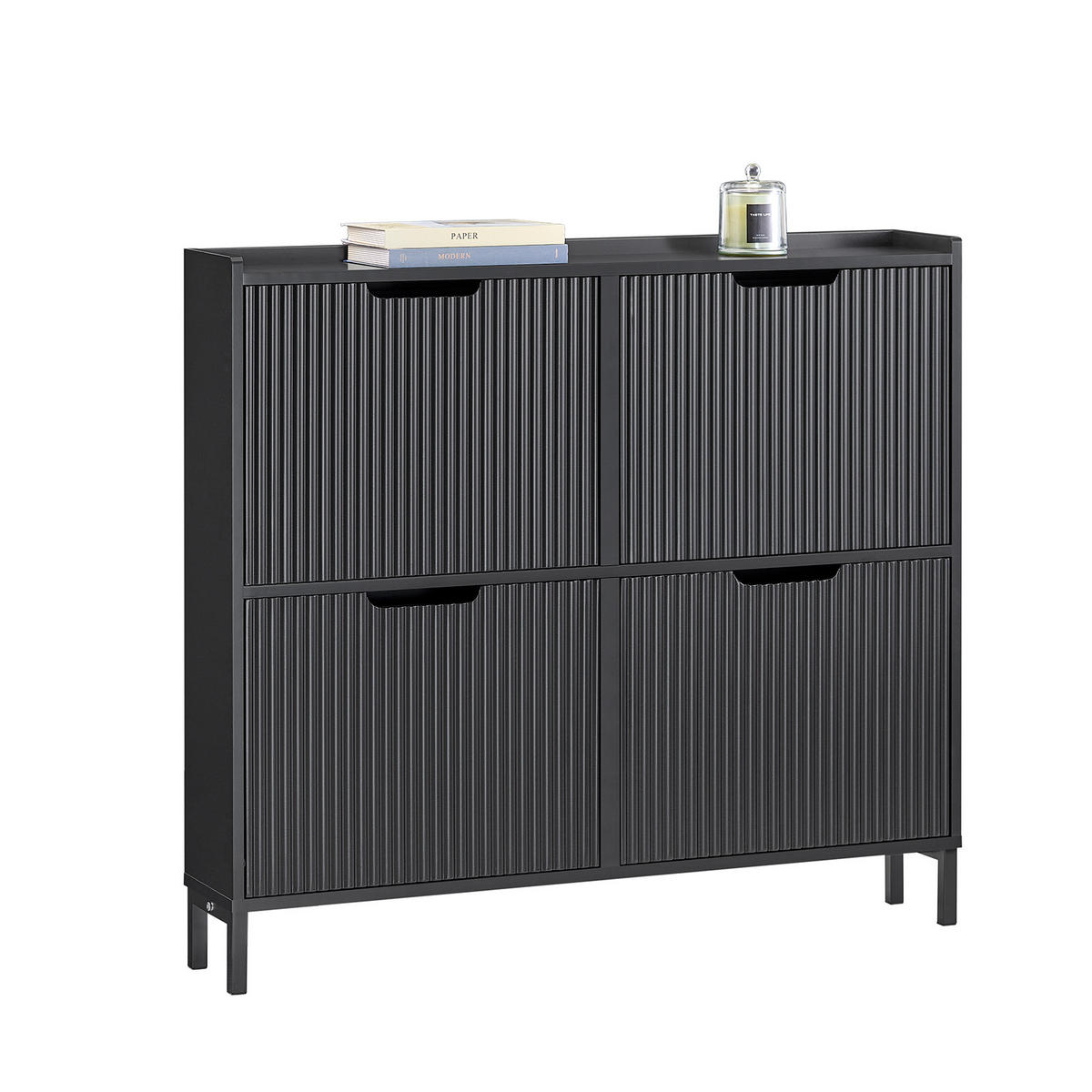 SCHUHSCHRANK mit 4 Klappen schmal 100x91x19cm Schwarz - Schwarz, Holzwerkstoff/Metall (100/91/19cm) - SoBuy