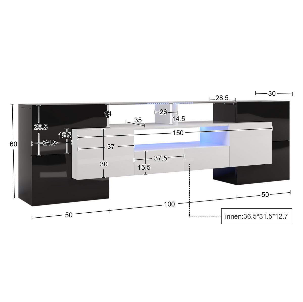 TV-ELEMENT mit LED 200 cm Schwarz/Weiß - Schwarz, Holzwerkstoff (30/60/200cm) - Beauniv