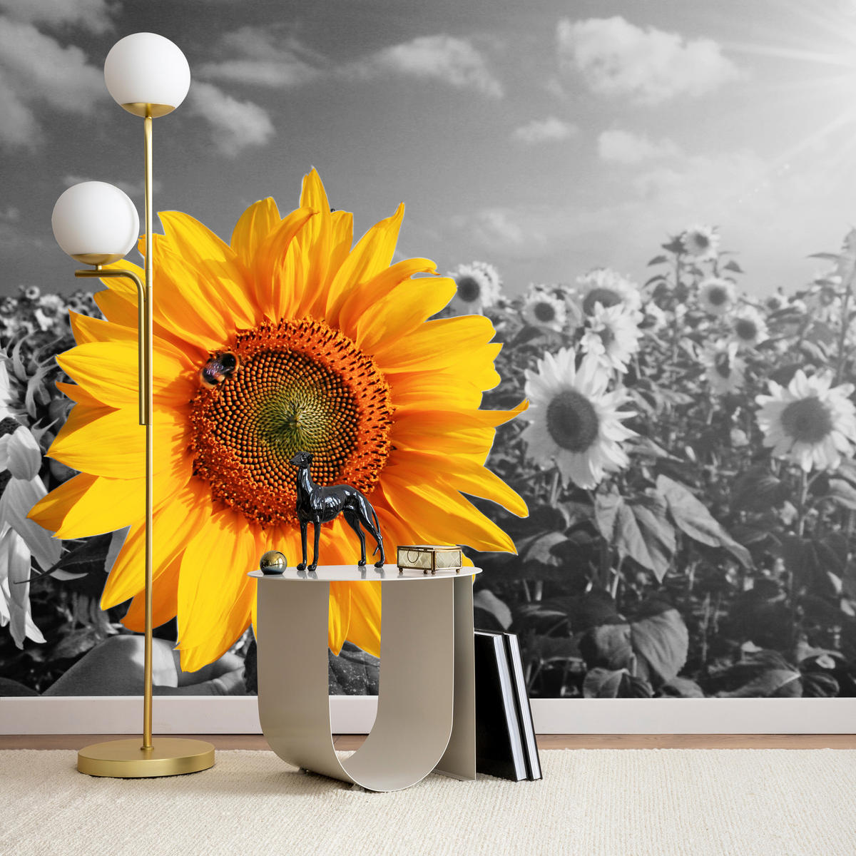 FOTOTAPETE für Küche Gelber Sonnenblume Schwarz-Weiß Hintergrund 400x280 - Gelb/Orange, Papier (400/280cm) - Muralo