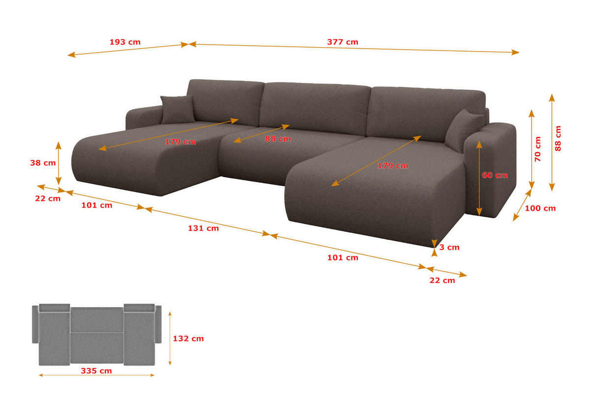 SEDACÍ SOUPRAVA DO U s funkcí spaní a úložným prostorem BERY-U 377x193x88 hnědá bouclé - černá/hnědá, kompozitní dřevo/textil (377/88/193cm) - ALTDECOR
