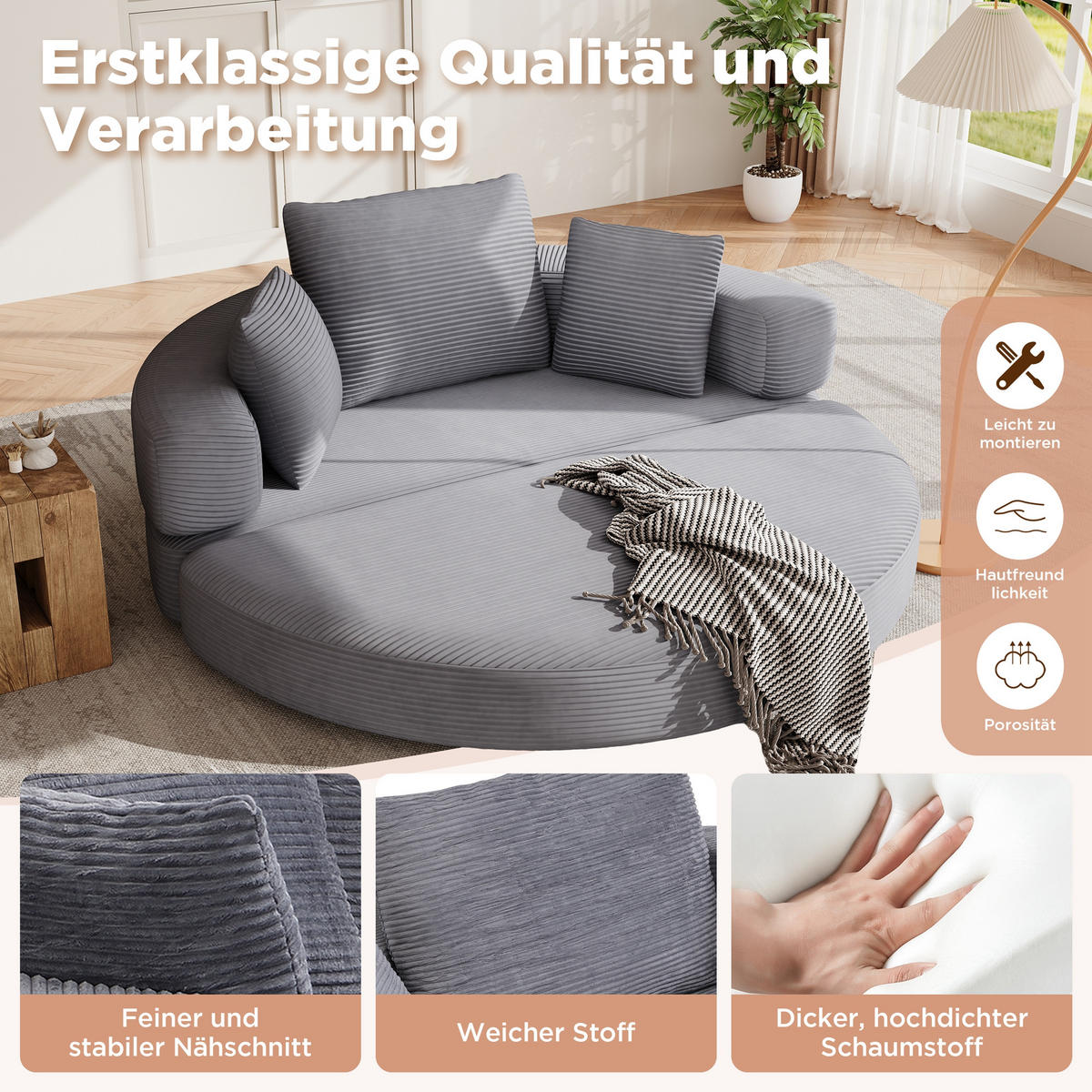 KLAPPSOFABETT Cord Samt-Optik 2-in-1 Sofa und Bett Grau 173/176/40 cm - Grün, Textil (176/40/173cm) - Redom