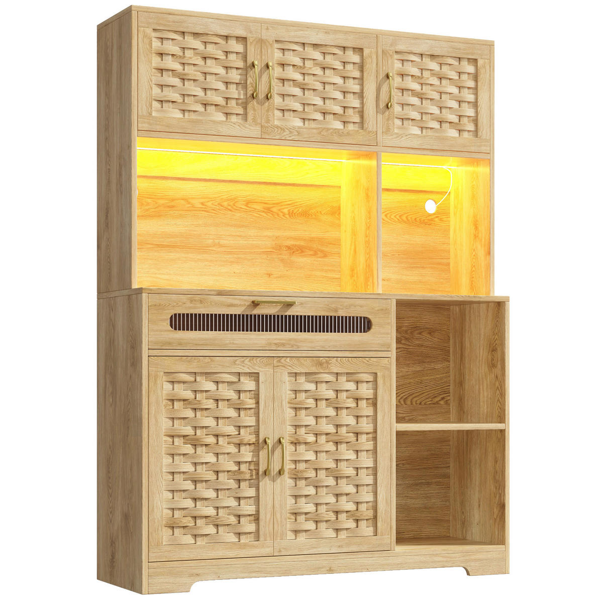 KREDENCA z LED-osvetlitvijo, steklom in nastavljivimi policami, naravna, 120/40/180 cm - naravne barve, steklo (40/180/120cm) - OKMYHOME