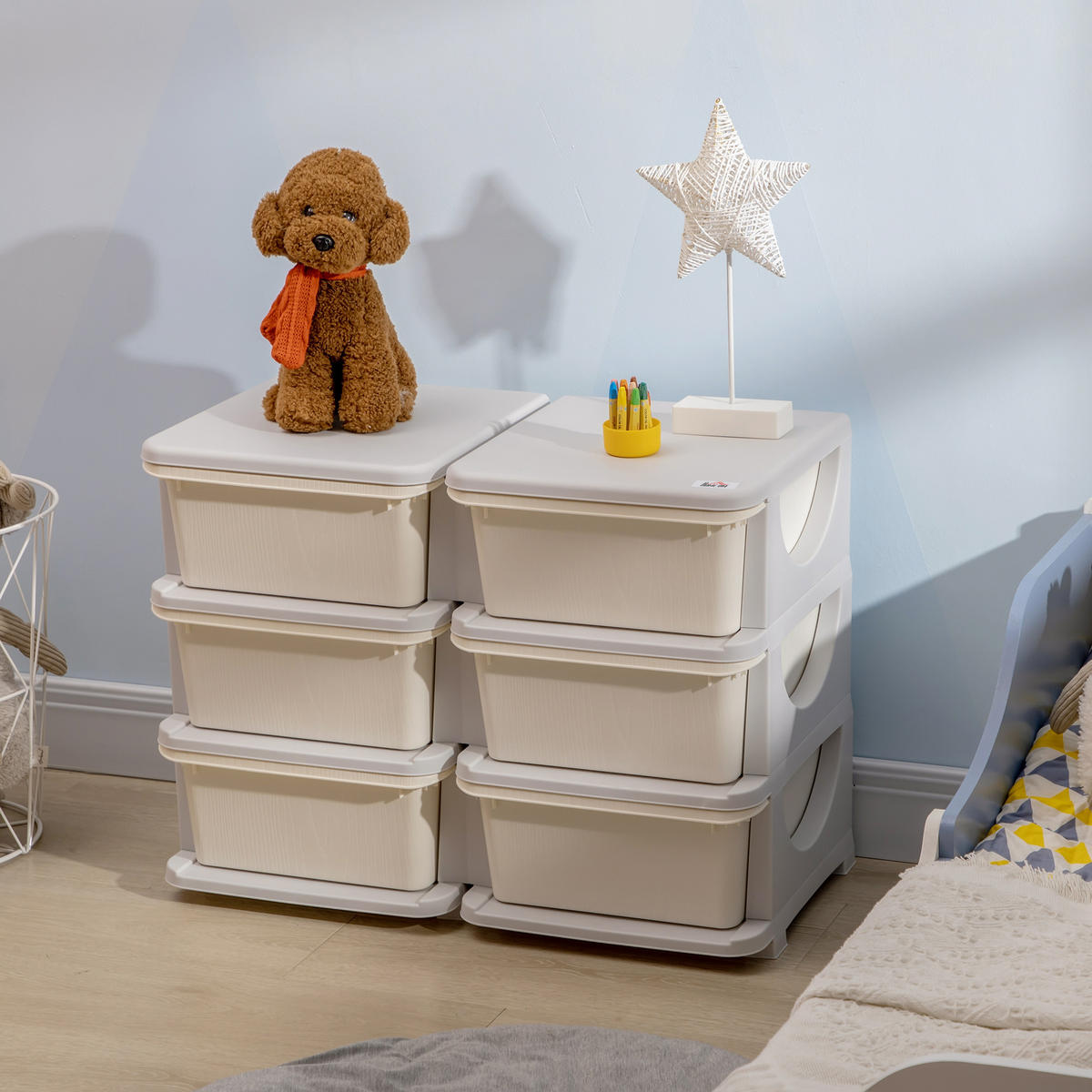 SCHUBLADENSCHRANK für Kinder Aufbewahrungsboxen mit 6 Ebenen Kindermöbel Creme - Creme/Weiß, Kunststoff (37/56.5/75cm) - HOMCOM
