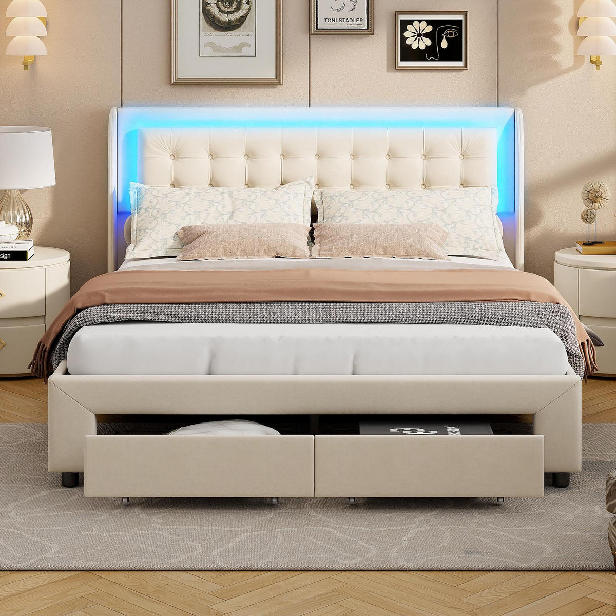 POLSTERBETT 140x190cm LuxeDream mit Hydraulik-System, RGB-LED-Beleuchtung & 2 Schubladen, Samt, Beige - Beige, Textil (140/190cm) - DELFA
