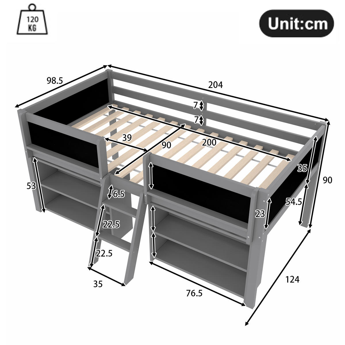 HALBHOHES BETT 90x200cm Grau Kiefer Einlegeböden Geländer Leiter - Grau, Holz (90/200cm) - FLIEKS
