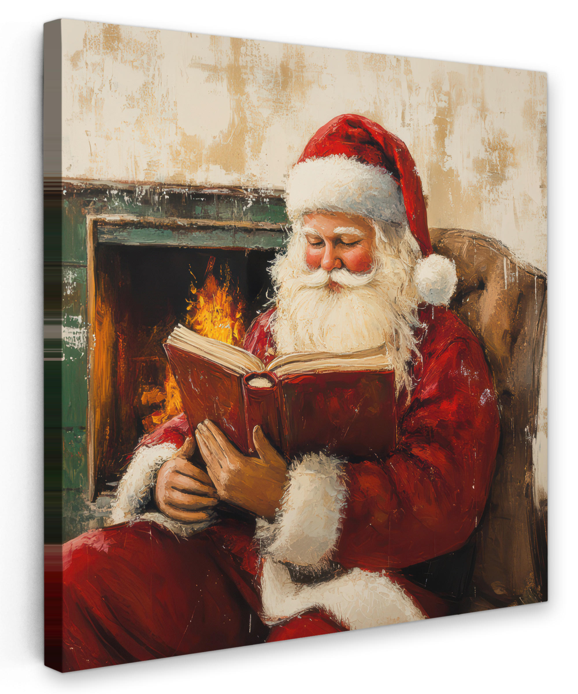 LEINWANDBILD Weihnachten - Weihnachtsmann - Winter - Open Fireside 90x90 cm - Dunkelrot, Textil (90/90cm) - MuchoWow