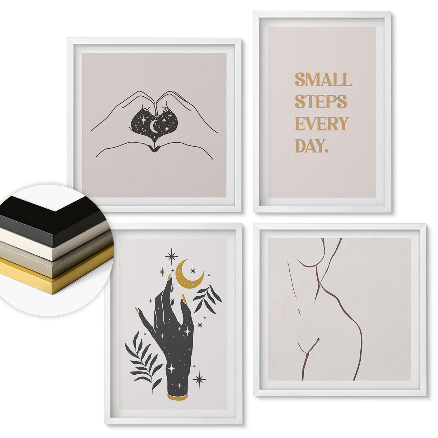 WANDBILDER 4er-Set - 50x50 cm & 40x60 cm Weißer Rahmen - Minimalistische Boho-Illustrationen - Weiß, Kunststoff (50/50cm) - ArtPrintCave