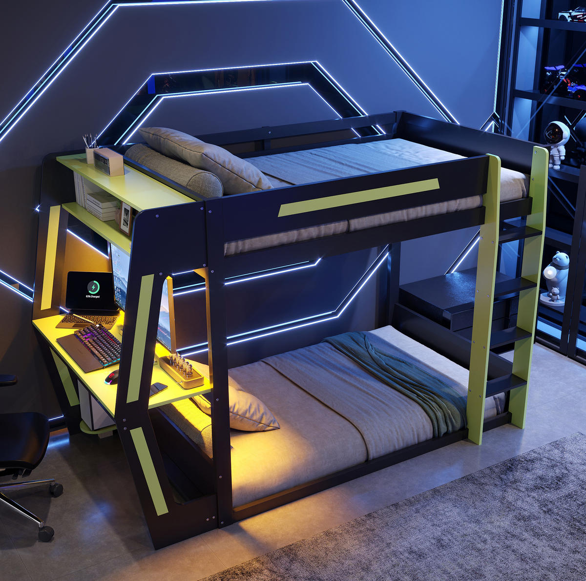 GAMING-HOCHBETT aus Kiefernholz und MDF 120x200 cm Schwarz-Grün mit Schreibtisch, LED und Stauraum - Schwarz, Holz (120/200cm) - Modfu